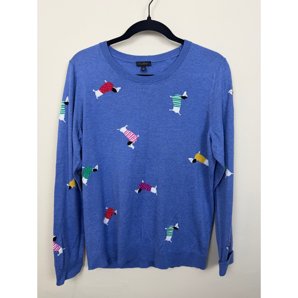 Talbots Dog Print Sweater Women's M Blue Cotton Rayon Knit Pullover Whimsical